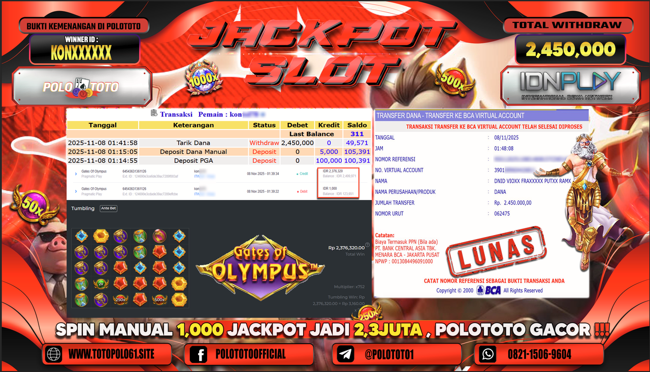 POLOTOTO JACKPOT SLOT GATES OF OLYMPUS Rp.2.450.000,- LUNAS