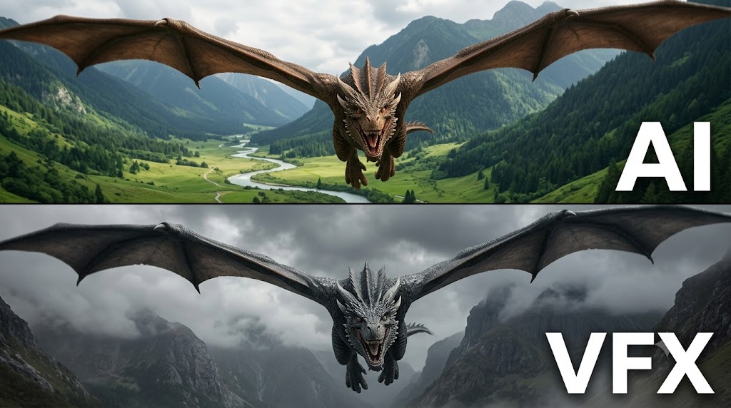 AI-generated example result for the youtube-thumbnail prompt: Tech & VFX Comparison – "AI / VFX" | Ai Vs Vfx Comparison Youtube Thumbnail AI YouTube Thumbnail Prompt