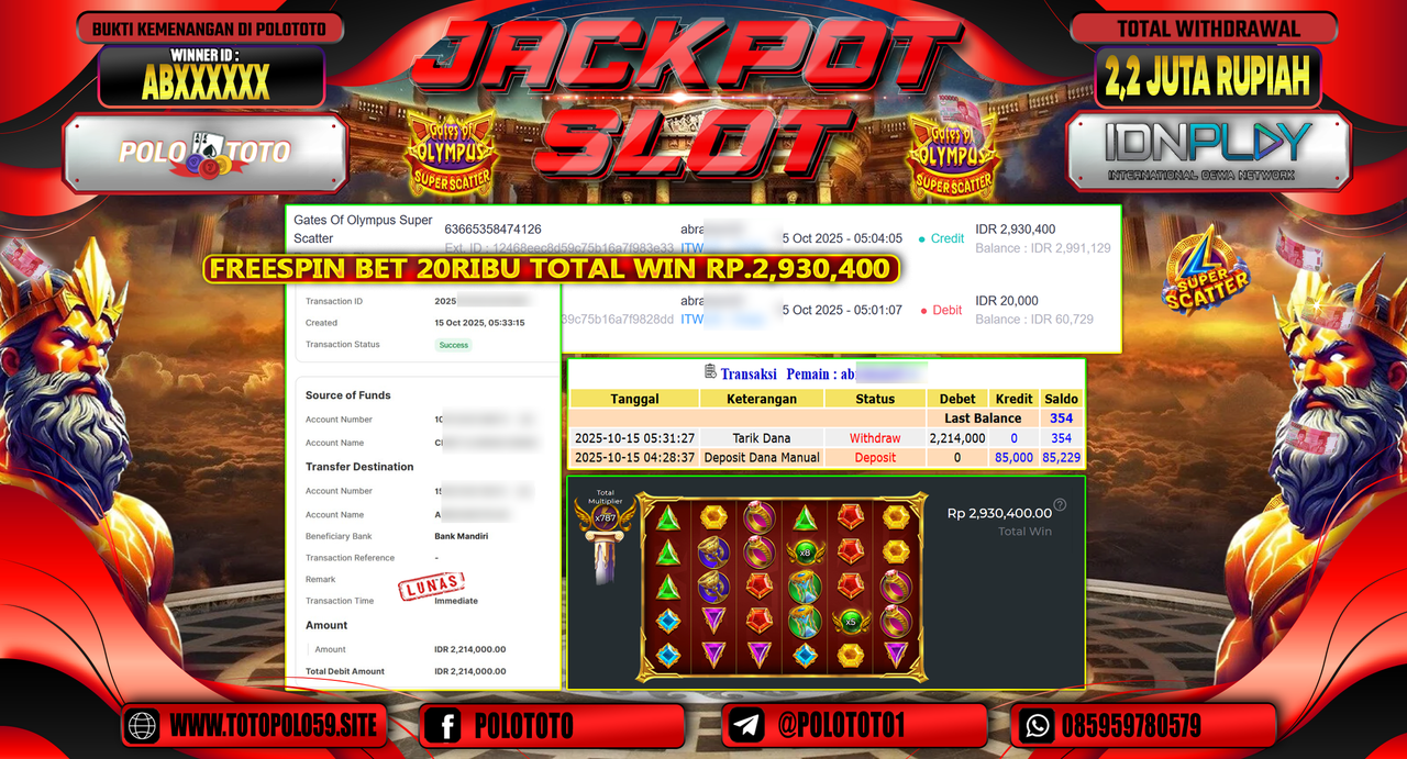 POLOTOTO JACKPOT SLOT GATES OF OLYMPUS SUPER SCATTER Rp.2.200.000,- LUNAS