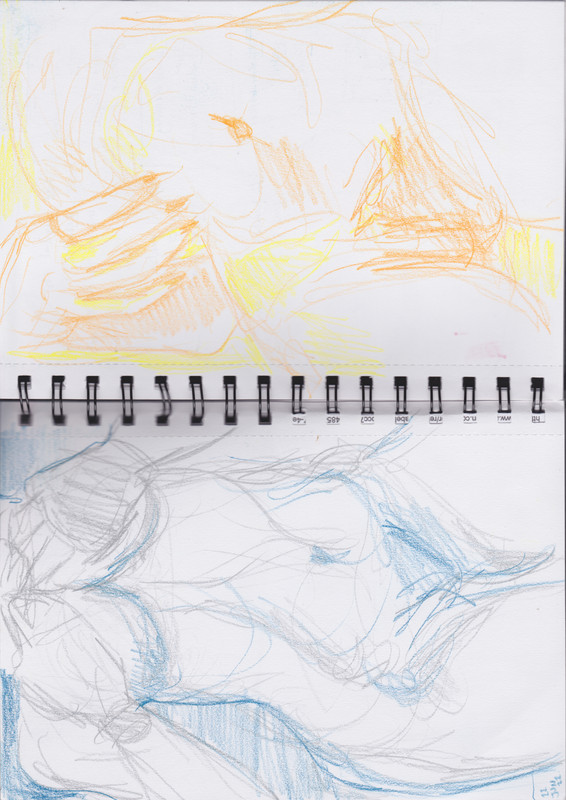 coloured pencil sketch of faceless nude figures