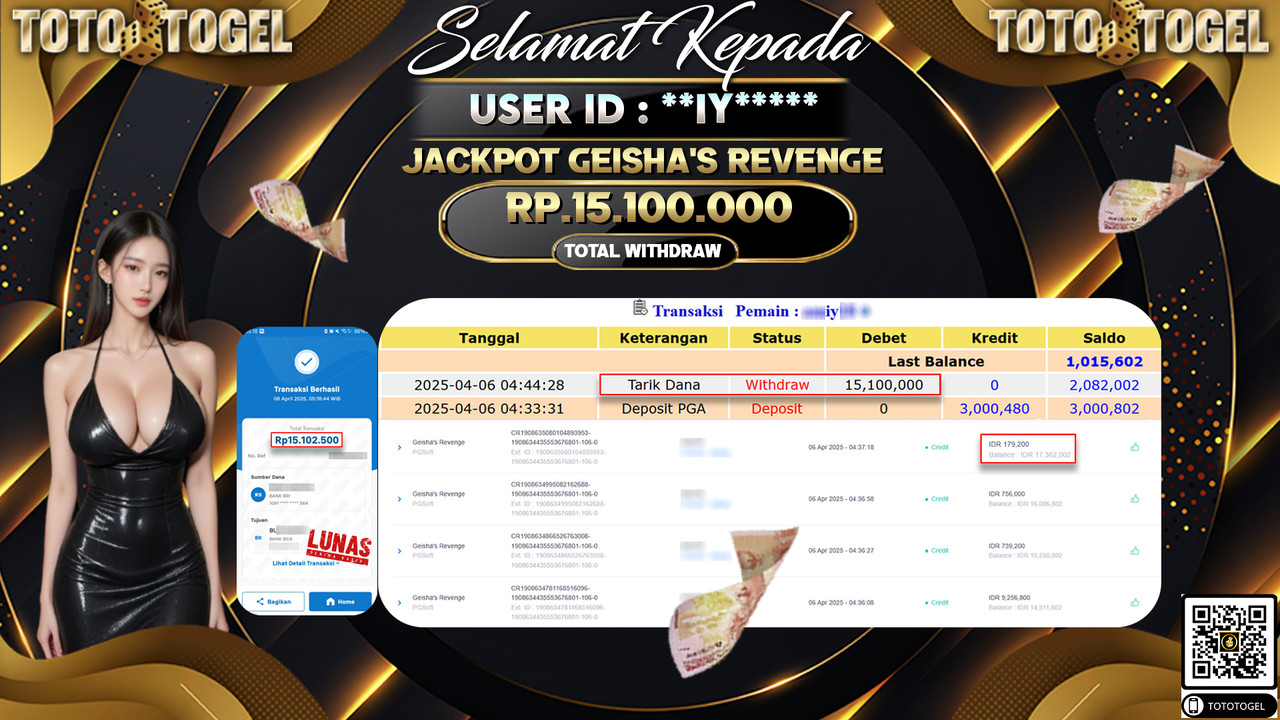 Bukti Pembayaran Jackpot  Permainan Slot Geishas Revenge ID:**IY**** LUNAS