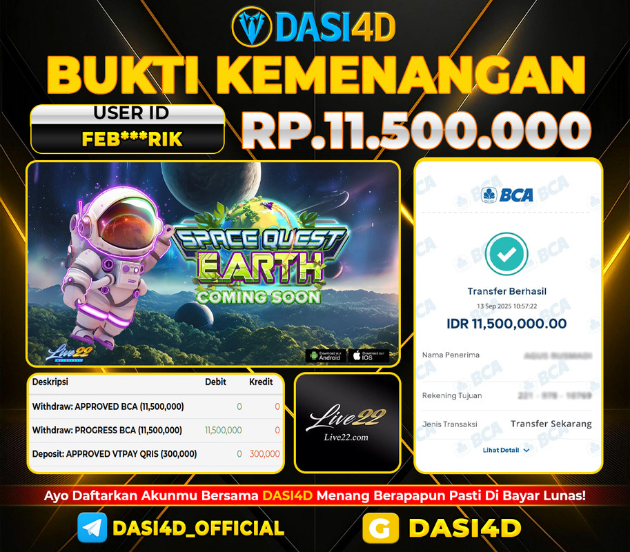 BUKTI KEMENANGAN 13 SEPTEMBER  2025 DI  SPACE QUEST EARTH  RP 11.500.000