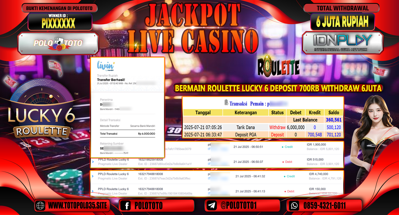 POLOTOTO JACKPOT LIVE CASINO PPLD ROULETTE LUCKY 6 Rp.6.000.000,- LUNAS