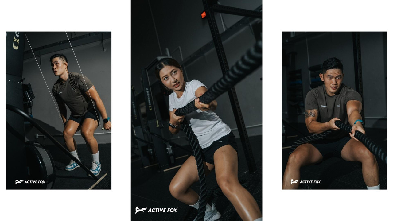 Học viên tập battle rope cường độ cao tại phòng gym Active Fox, rèn sức mạnh chức năng và sức bền tim mạch cho Hyrox