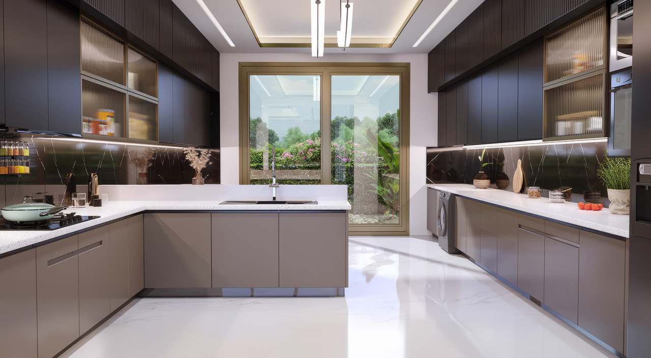 L-Shaped Contemporary Kitchen Design With Full-Height Cabinets and Granite Countertop