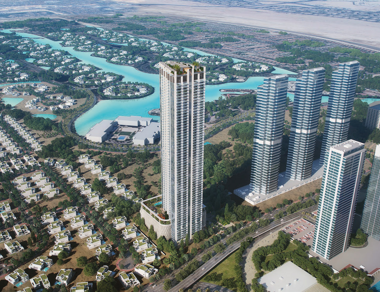 Exterior architectural rendering of Sobha Verde tower in JLT Dubai showcasing the modern glass skyscraper rising above Jumeirah Lakes Towers skyline and overlooking Jumeirah Islands, luxury high‑rise residential development featured as a Verde Distress Deal investment opportunity