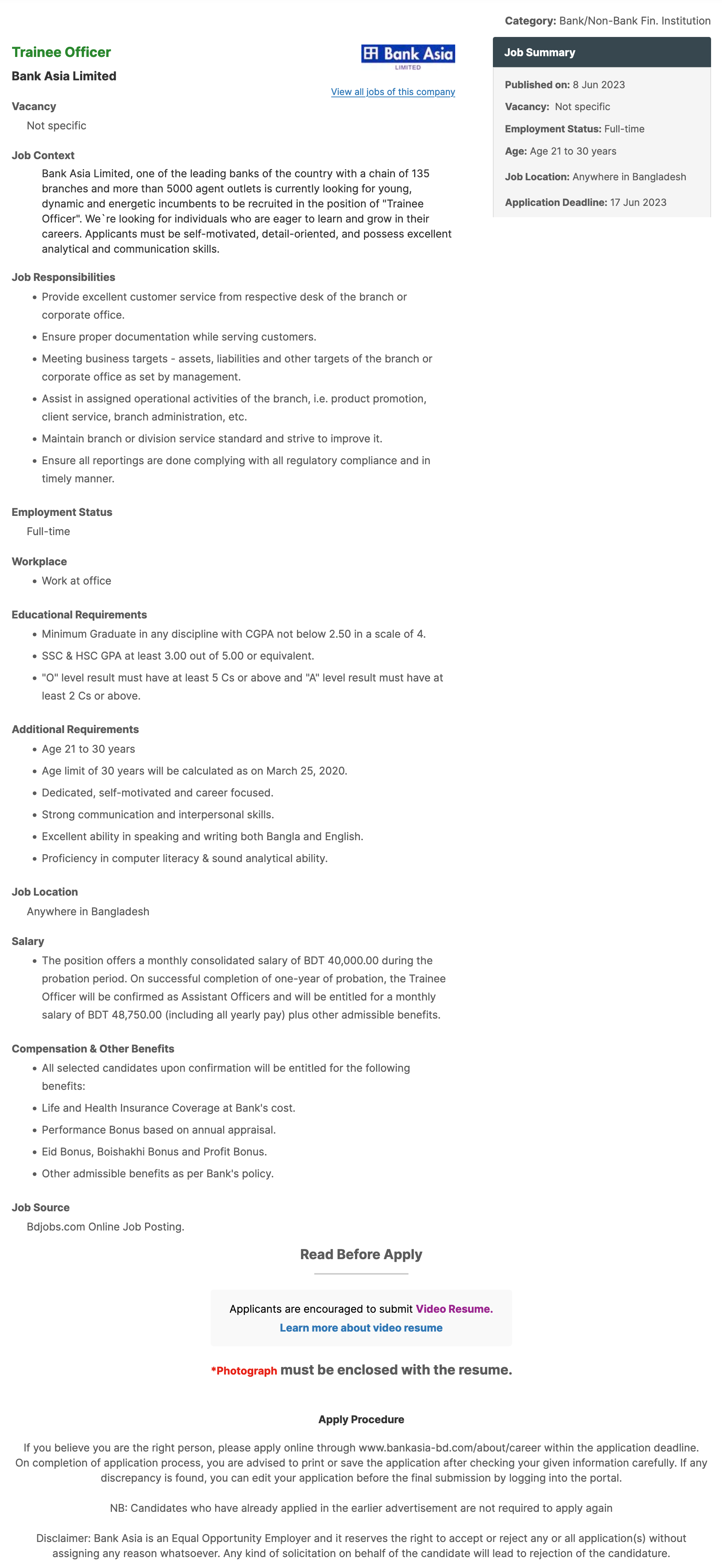 Bank Asia Limited Job Circular 2023