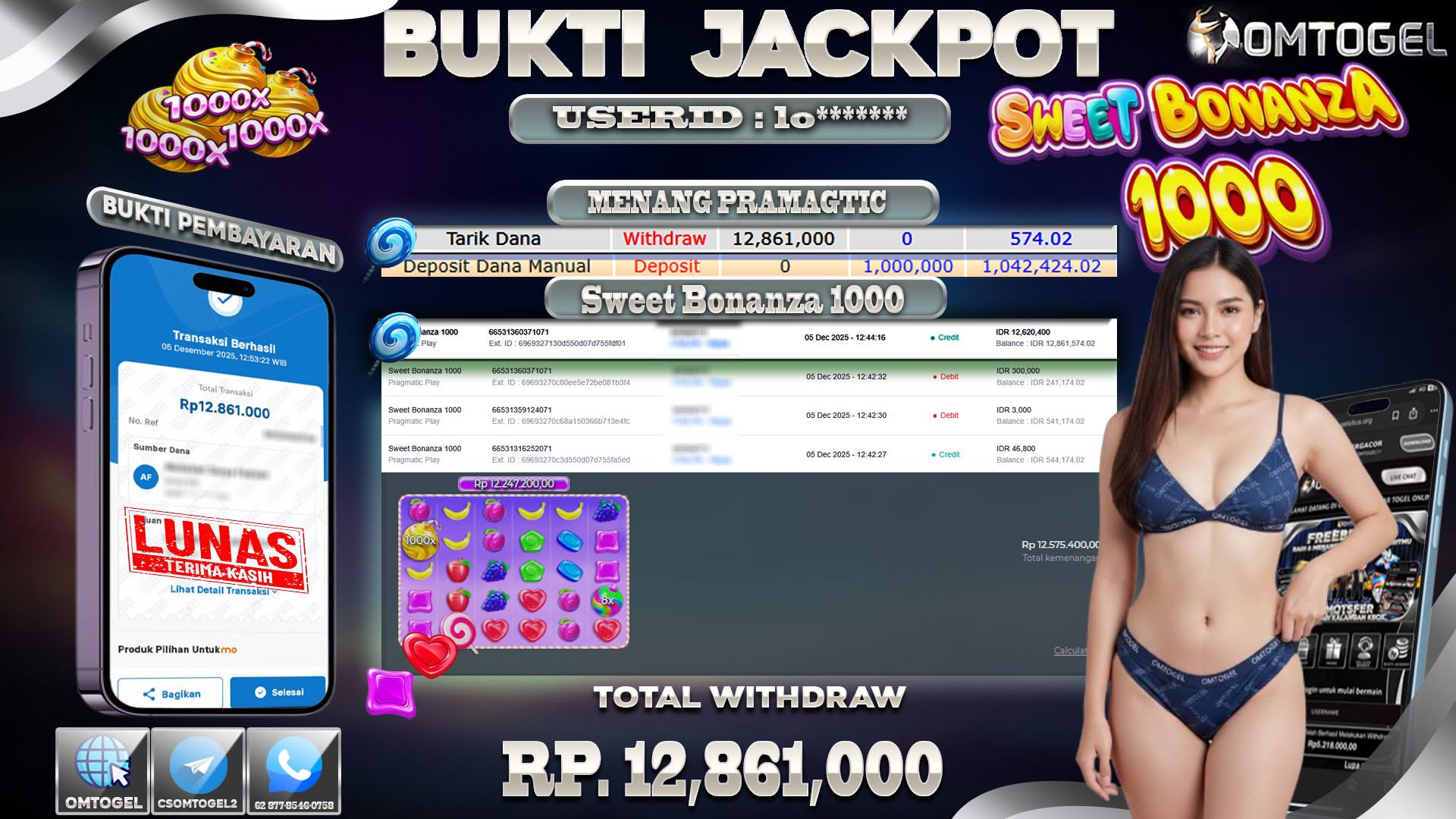 OMTOGEL JACKPOT PRAGMATIC PLAY SWEET BONANZA 1000 ,12 JUTA DI BAYAR LUNAS ,-