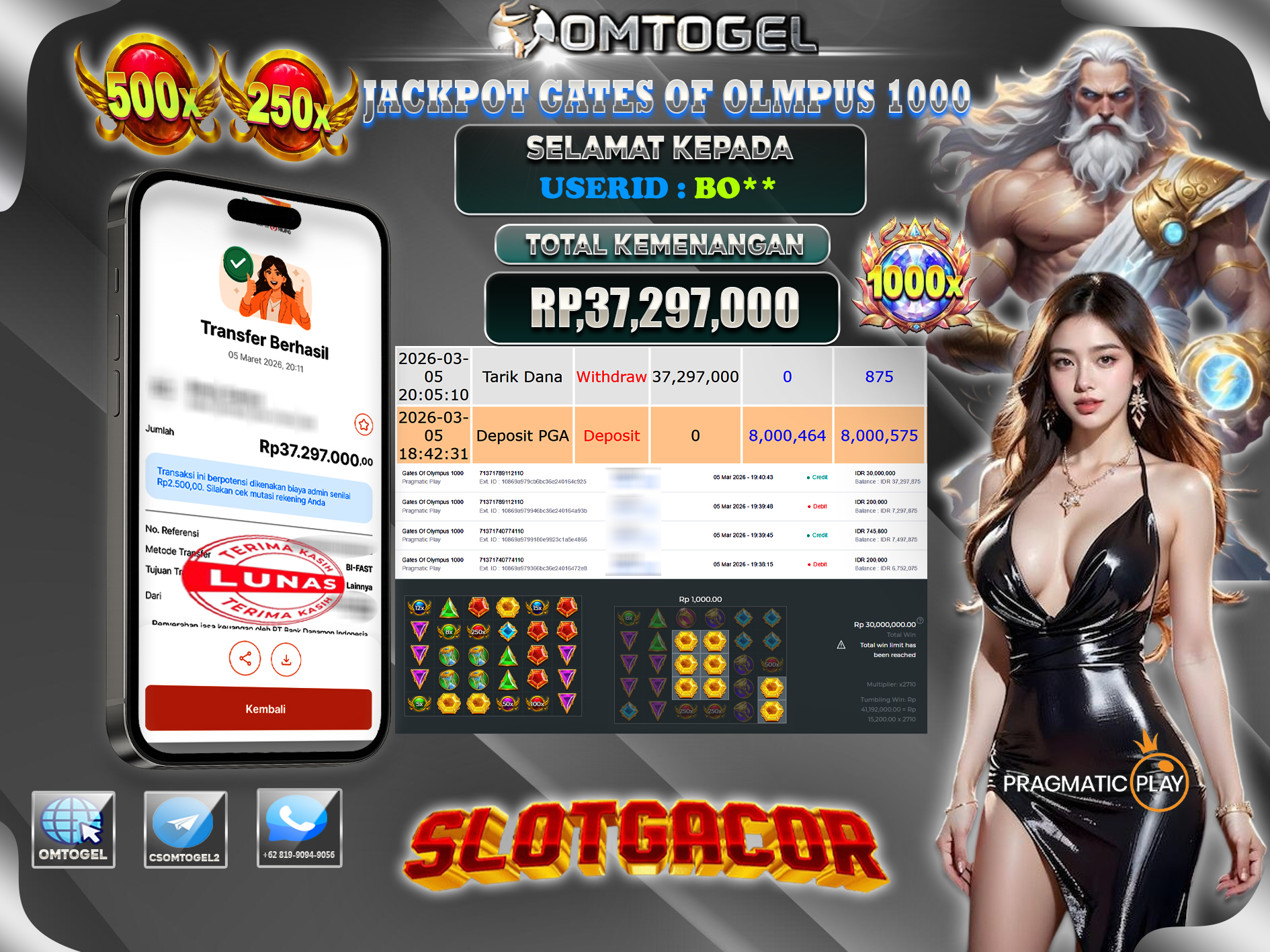 OMTOGEL JACKPOT PRAGMATIC PLAY GATES of OLYMPUS 1000, 37 JUTA DI BAYAR LUNAS ,-