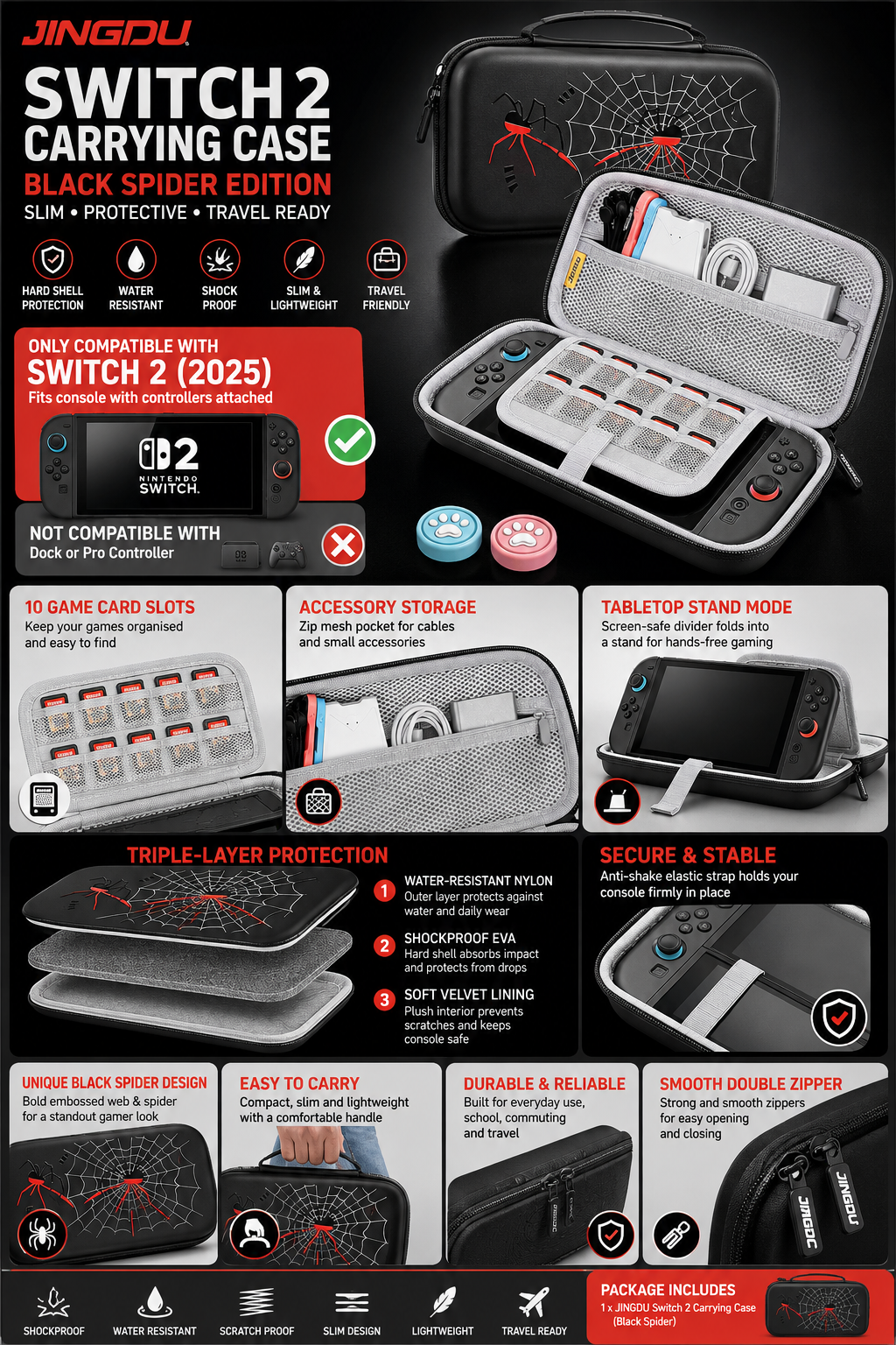 JINGDU Nintendo Switch 2 carrying case with black spider web design - Feature V2 infographic