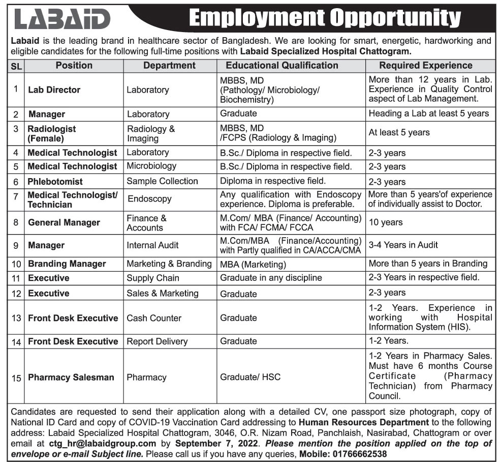 ল্যাবএইড হাসপাতালে নিয়োগ বিজ্ঞপ্তিLabaid Hospital Job Circular 2022 JCP