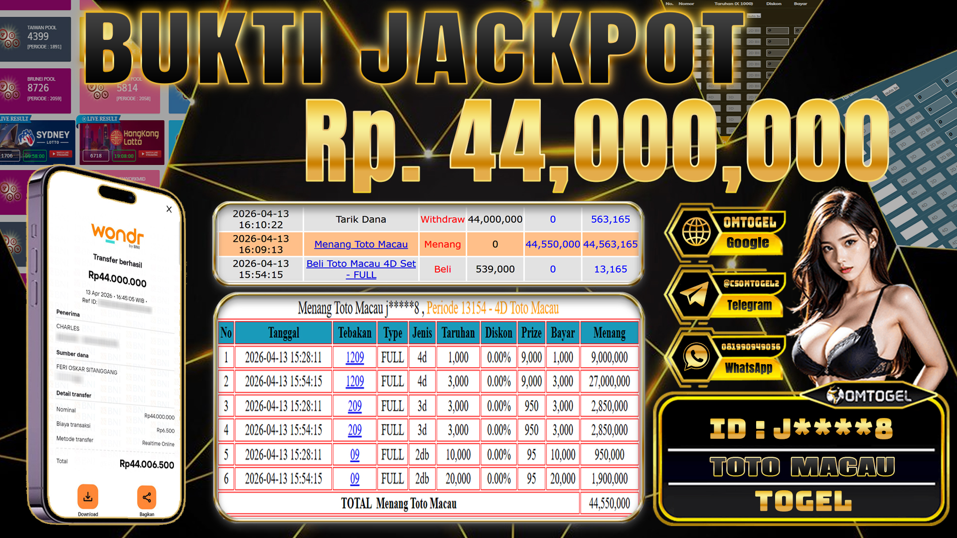 OMTOGEL JACKPOT TOGEL TOTOMACAU 4D 3D 2D , 44 JUTA DI BAYAR LUNAS ,-