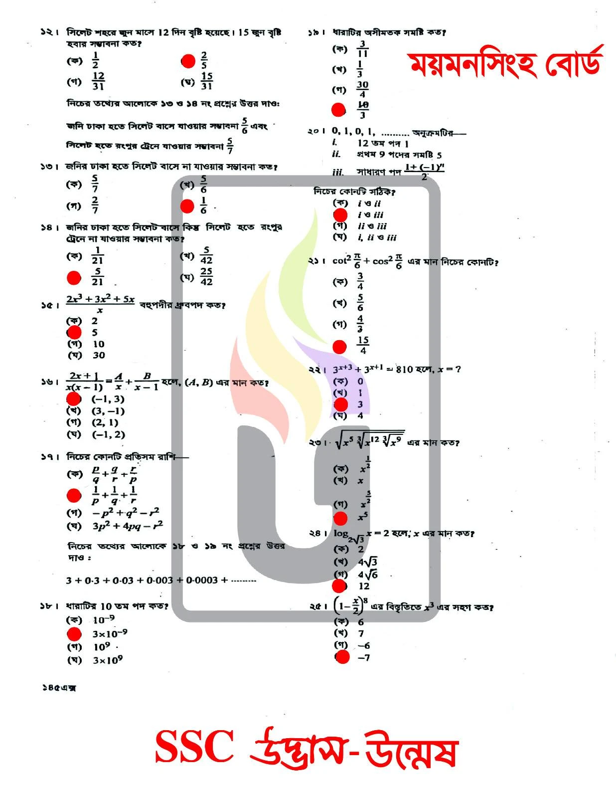 Higher Math MCQ Exam Question Solution Mymensingh Board SSC 2026