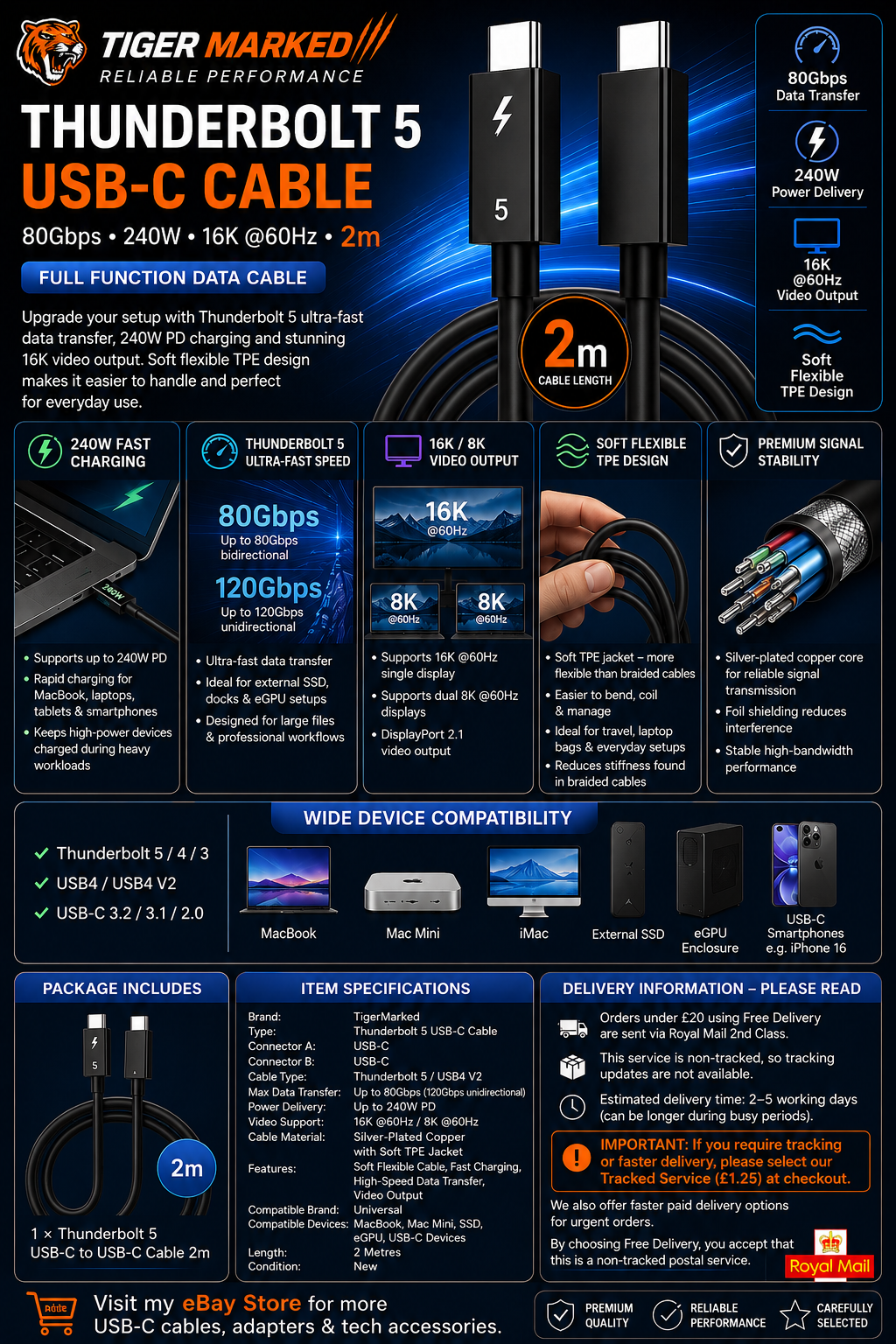 Thunderbolt 5 USB-C Cable 80Gbps 240W 16K Feature V2 Infographic