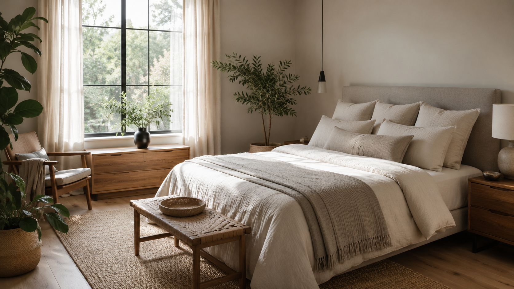 Well-organized modern bedroom with neatly arranged pillows on a made bed