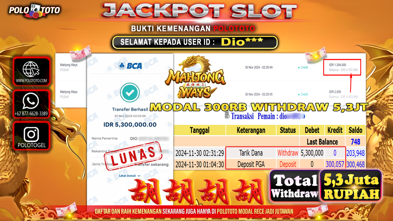 POLOTOTO JACKPOT SLOT MAHJONG WAYS Rp.5,300.000,-
