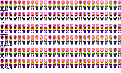 a row of people with pride flag shirts and pink hair