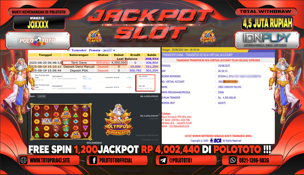 POLOTOTO JACKPOT SLOT GATES OF OLYMPUS SUPER SCATTER Rp.4.500.000,-
