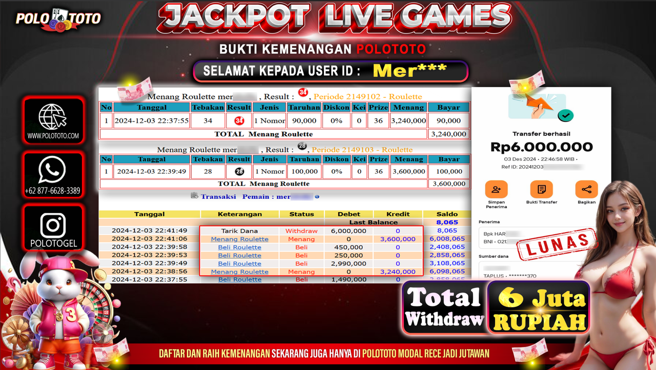 POLOTOTO JACKPOT LIVE GAMES ROULETTE Rp.6,000.000,-