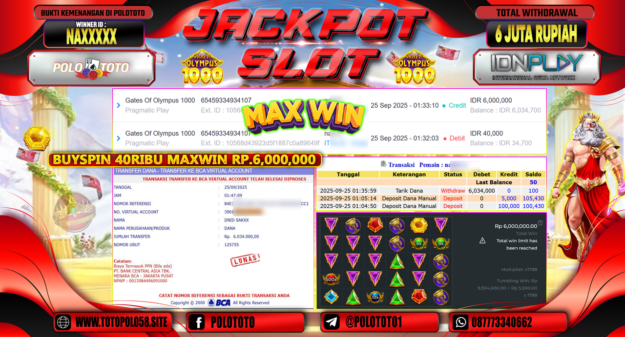 POLOTOTO JACKPOT SLOT GATES OF OLYMPUS 1000 Rp.6.000.000,- LUNAS
