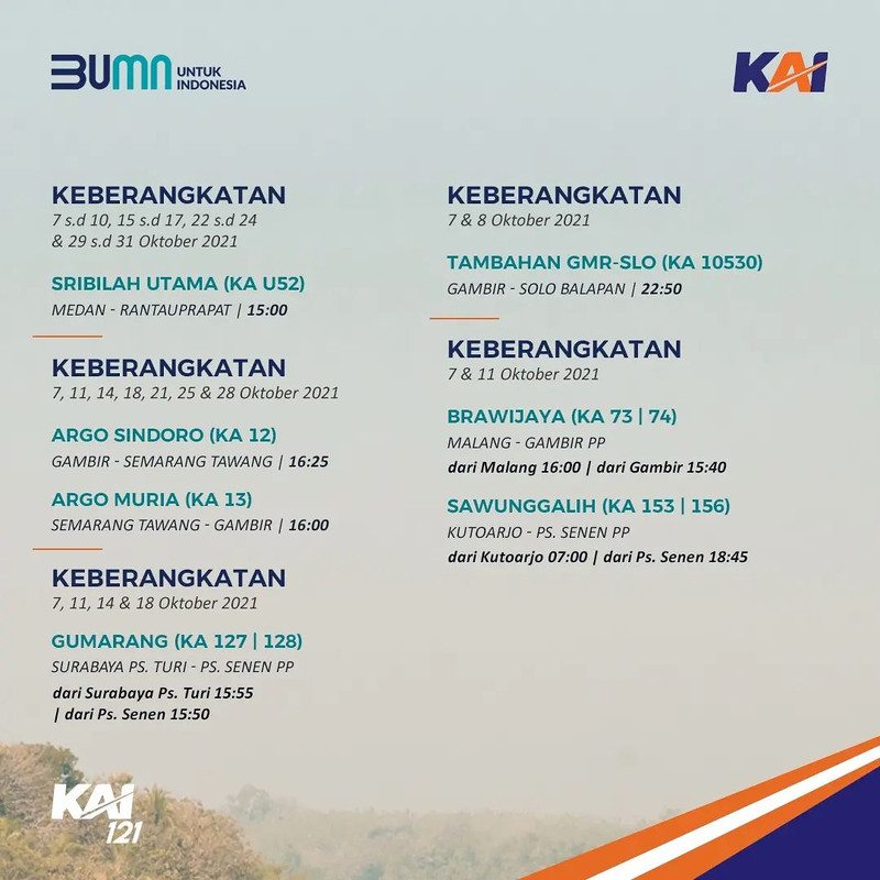 Jadwal perjalanan KA tambahan selama Oktober 2021