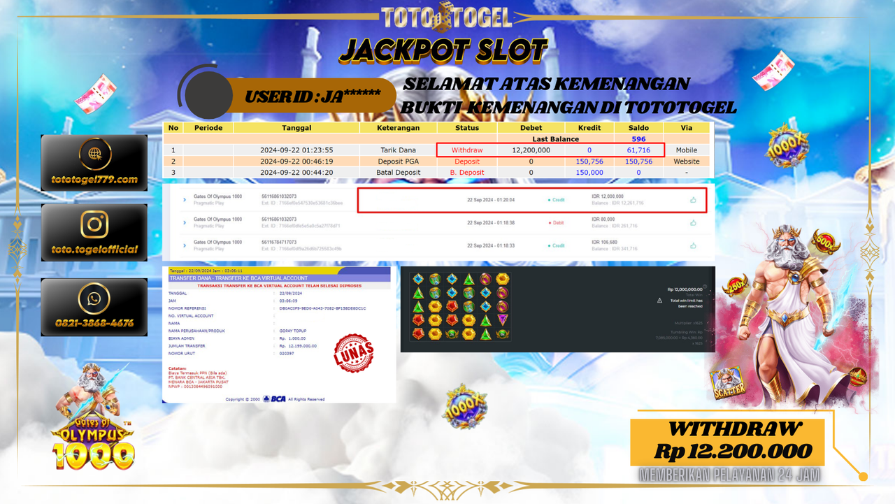 Bukti Kemenangan Permainan Slot Gates Of Olympus 1000 Dengan ID : JA****** Terbayar Lunas!!