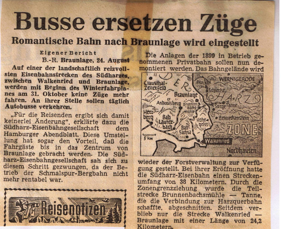 Südharzeisenbahn Einstellung 1962 Zeitungsartikel