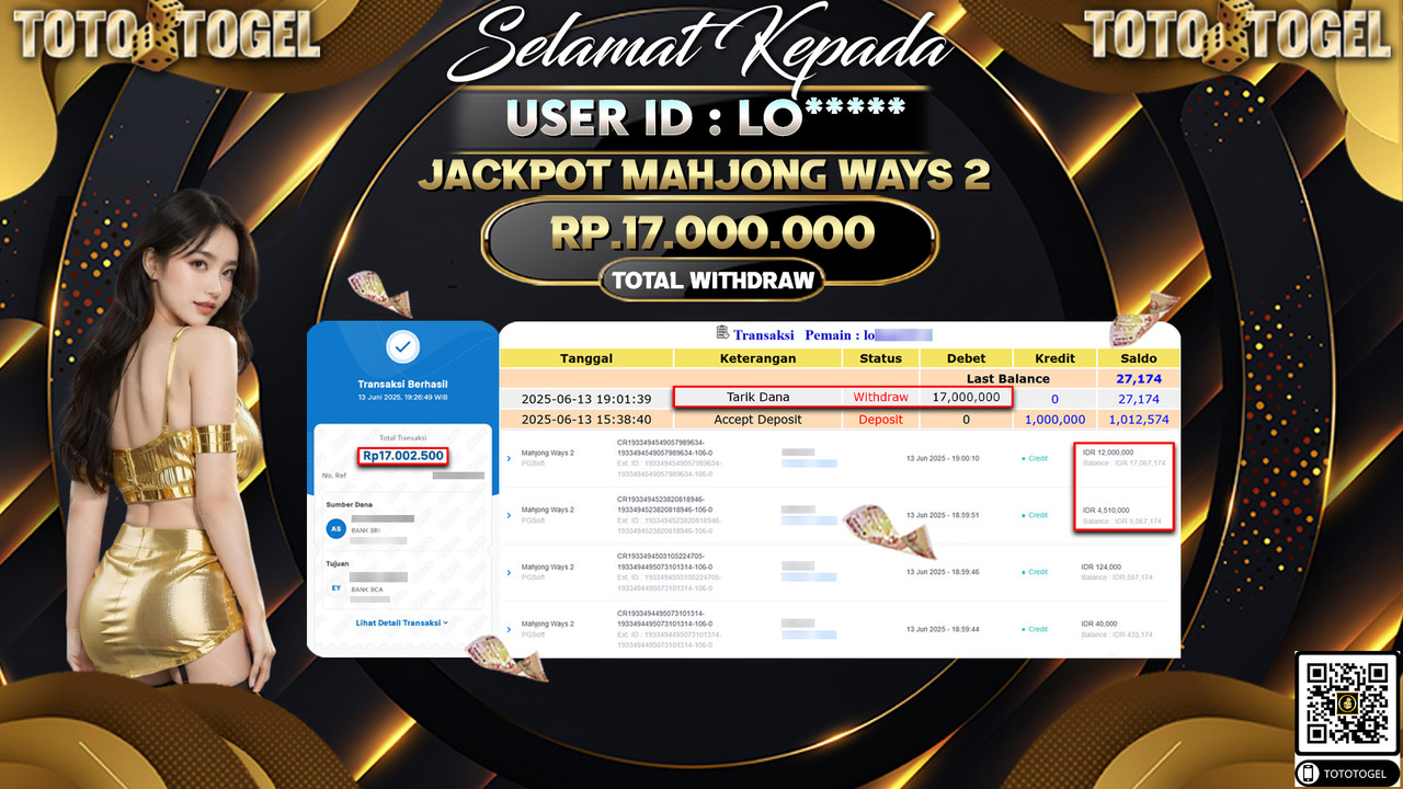 Bukti Pembayaran Jackpot Permainan Slot Mahjong Ways 2 ID:LO***** LUNAS