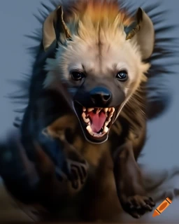 craiyon-103022-The-image-showcases-a-hyena-in-motion-seemingly-in-mid-stride-or-pounce-against-a-d