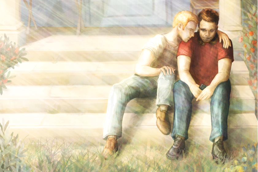 [Image of Steve hugging Bucky on the porch steps in brilliant daylight]
