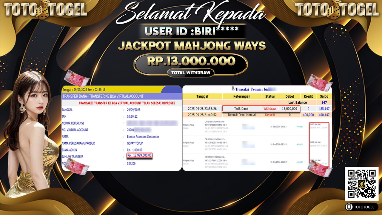 Bukti Pembayaran Jackpot Permainan Slot Mahjong Ways ID:BIRI*** LUNAS