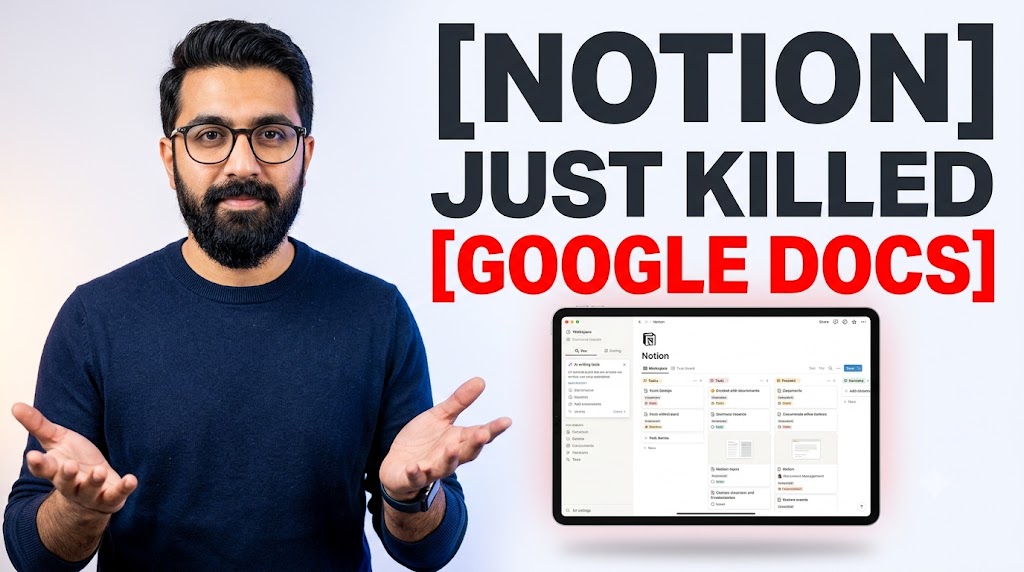 AI-generated example result for the youtube-thumbnail prompt: Notion Just Killed Google Docs Thumbnail – Tech Review Design AI YouTube Thumbnail Prompt
