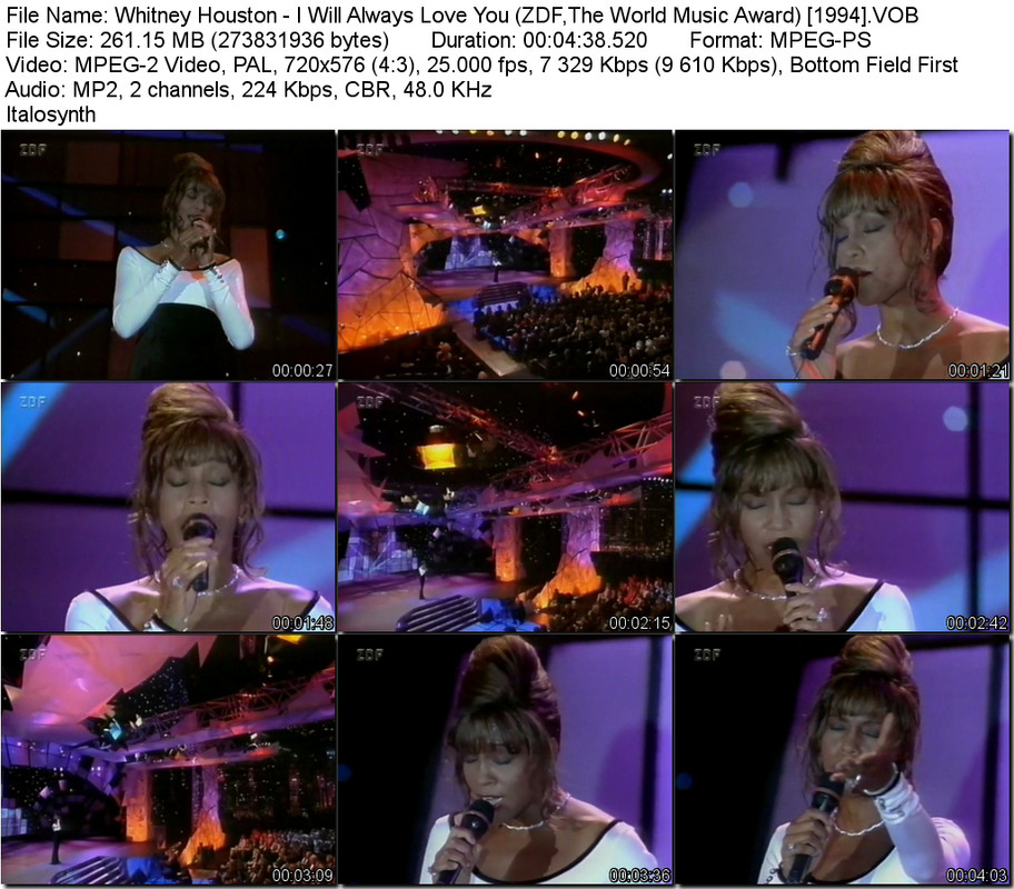 Whitney Houston I Will Always Love You (ZDF The World Music Award) 1994 VOB tn