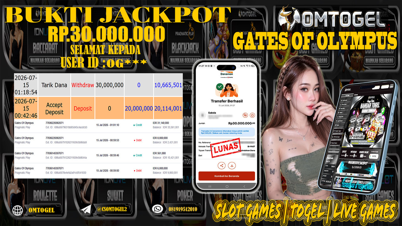 OMTOGEL JACKPOT PRAGMATICPLAY GATES OF OLYMPUS Rp.30,000,000,- DIBAYAR LUNAS