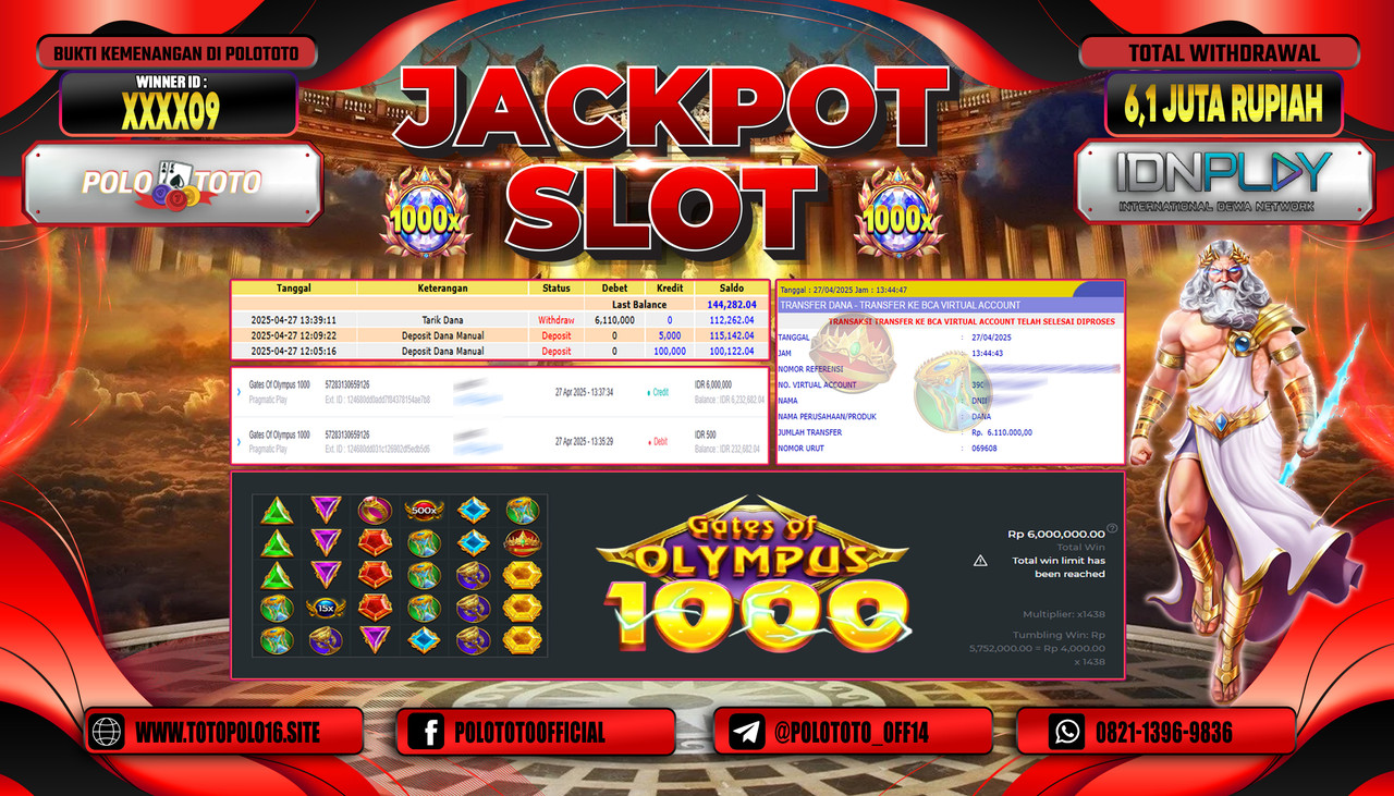 POLOTOTO JACKPOT SLOT GATES OF OLYMPUS 1000 Rp.6.110.000,-
