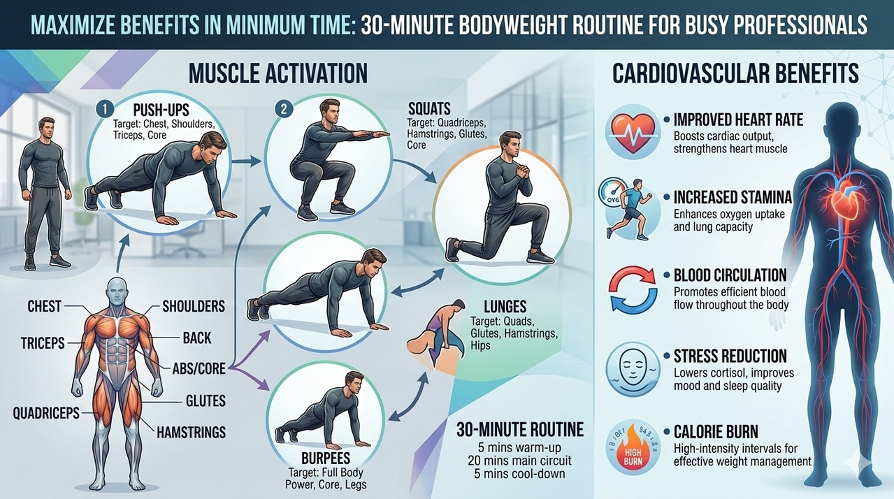 Infographic showing muscle activation and cardiovascular benefits for 30-minute bodyweight routine for busy professionals