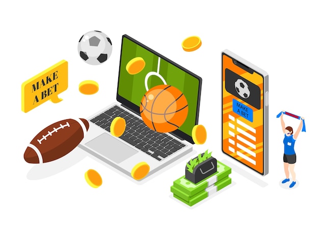 Бесплатное векторное изображение Изометрическая композиция ставок на спорт с мобильным телефоном и ноутбуком с векторной иллюстрацией игрового приложения
