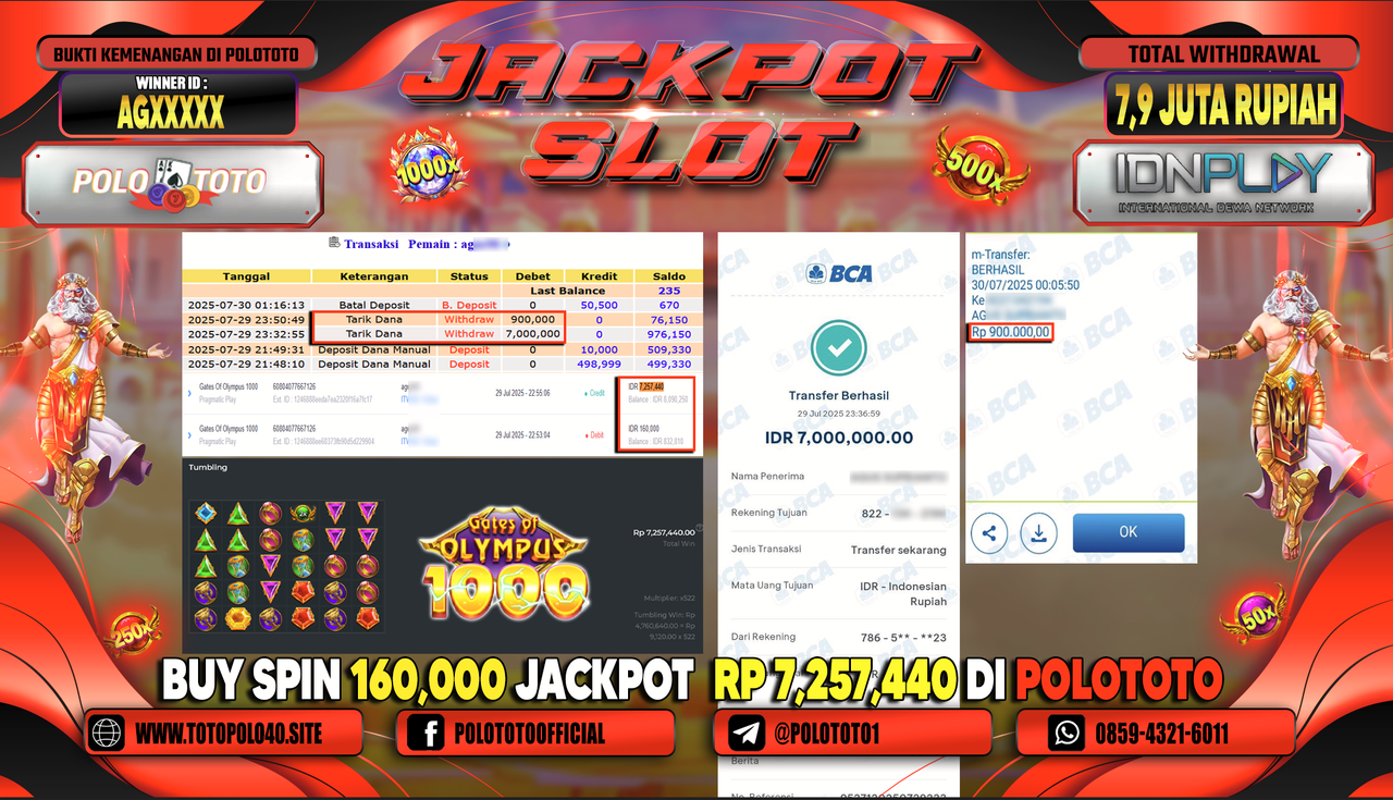 POLOTOTO JACKPOT SLOT GATES OF OLYMPUS 1000 Rp.7.900.000,- LUNAS