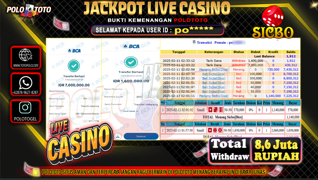 POLOTOTO JACKPOT LIVE CASINO SICBO Rp.8.600.000,-