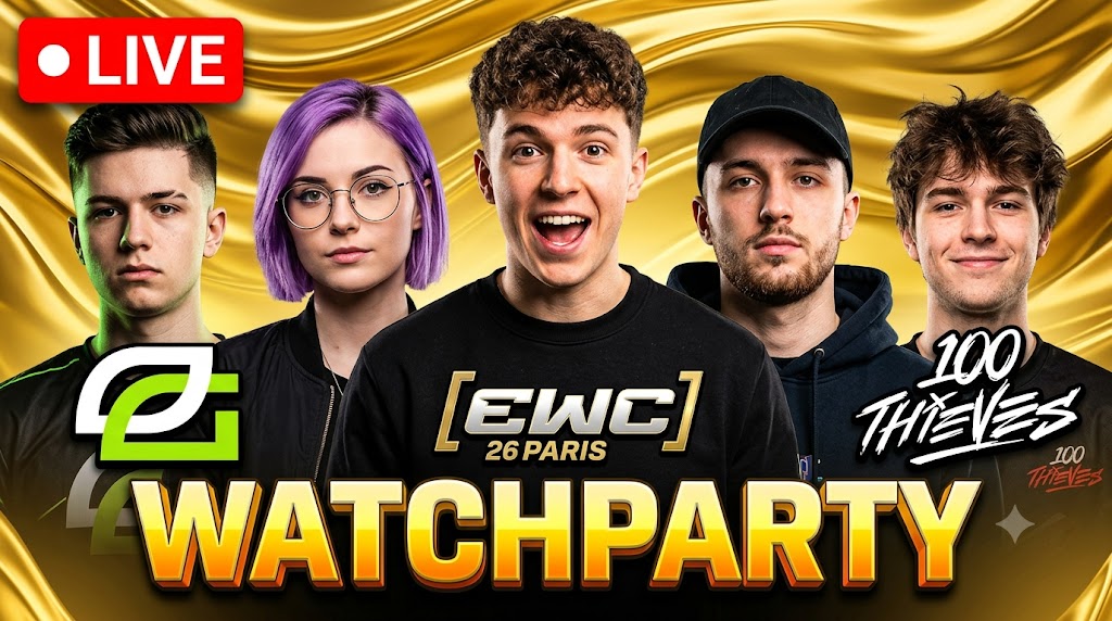AI-generated example result for the youtube-thumbnail prompt: Gaming & Esports – "EWC 26 PARIS / 100 THIEVES" | Gaming And Esports Youtube Thumbnail AI YouTube Thumbnail Prompt