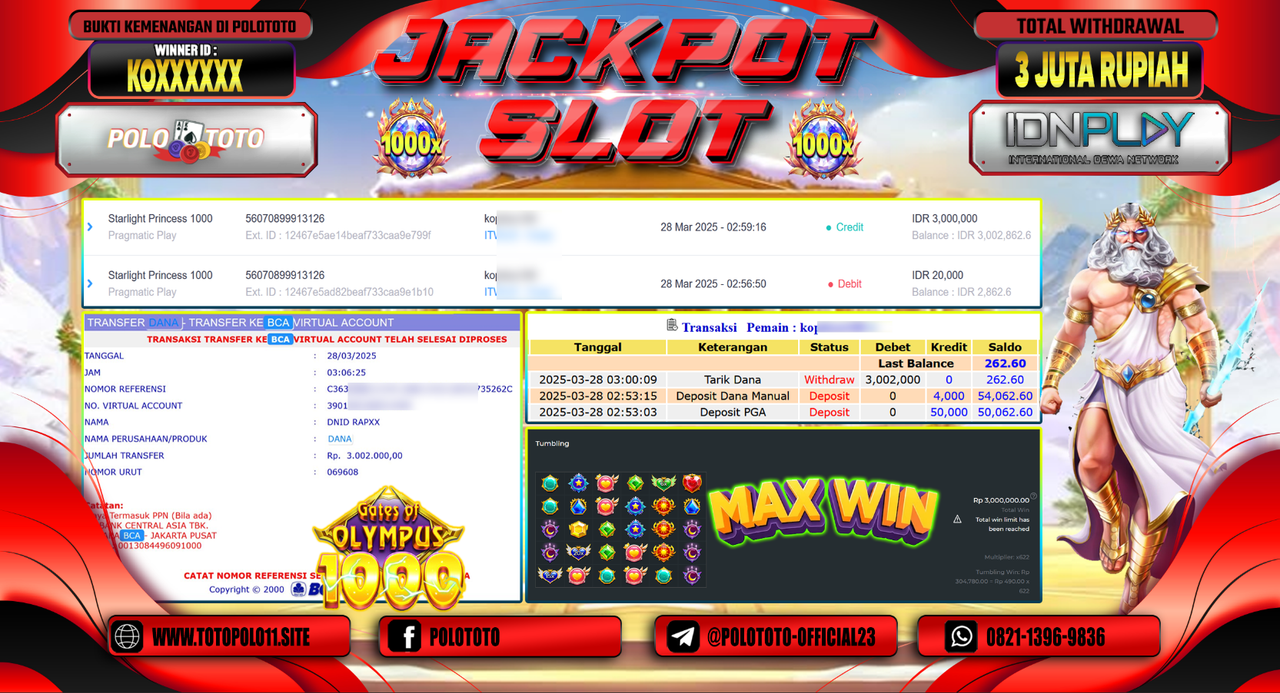 POLOTOTO JACKPOT SLOT GATES OF OLYMPUS 1000  Rp.3.000.000,-