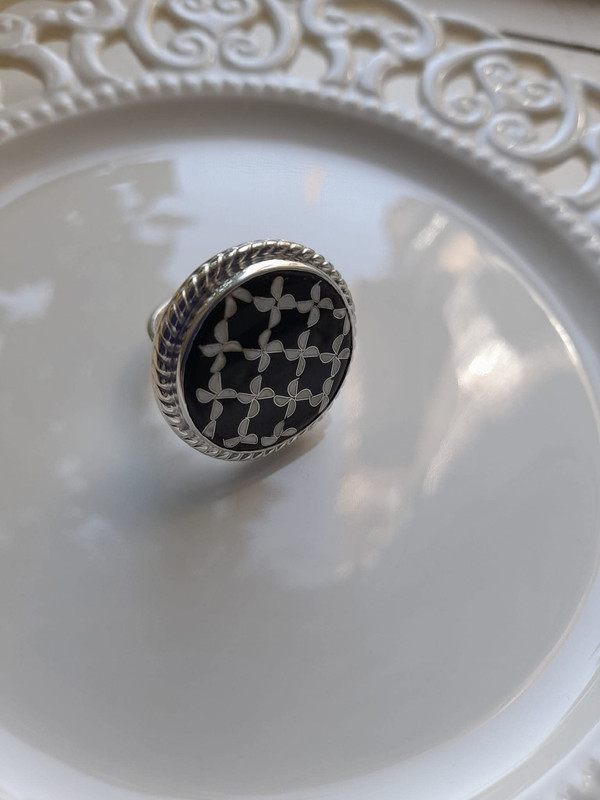 Minankari Ring Black & White Mosaic, Handmade Sterling Silver, Jewelry from Tbilisi - handmade cloisonne enamel