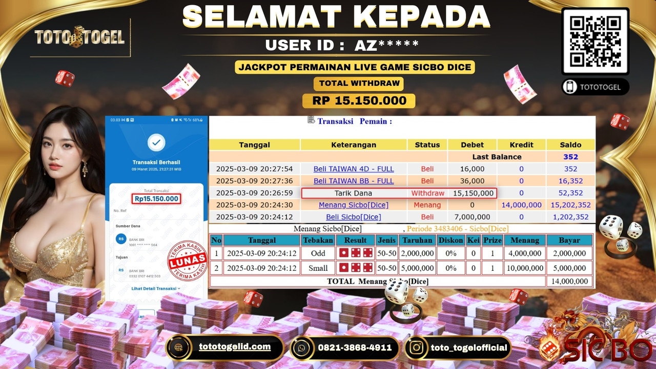Bukti Pembayaran Jackpot  Permainan Live Game Sicbo Dice  ID:AZ***** LUNAS