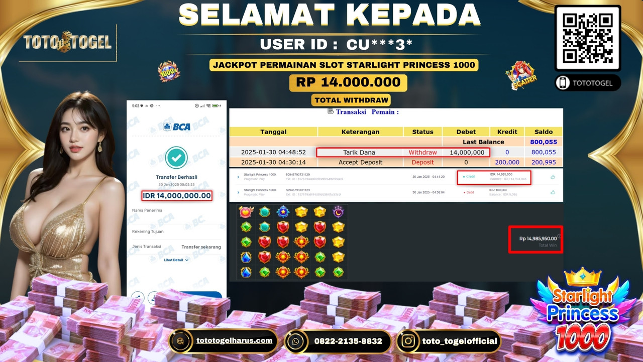 Bukti Pembayaran Jackpot  Permainan Slot Starlight Princess 1000  ID:CU****3* LUNAS