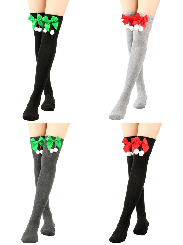 Women Over Knee Socks Bowknot Christmas Socks Girls Striped Long