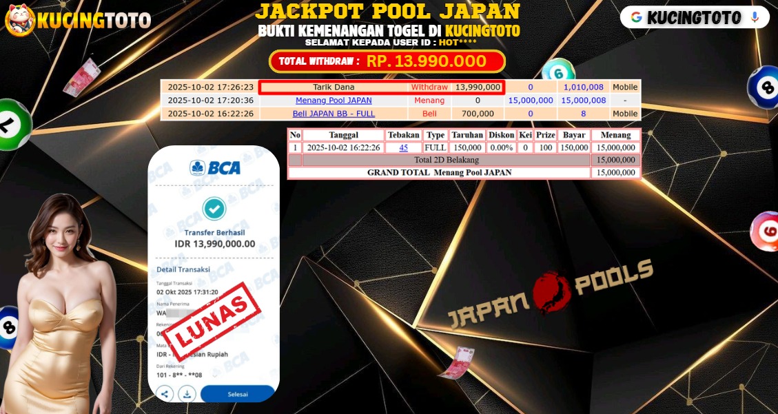 KUCINGTOTO JACKPOT TOGEL POOLS JAPAN RP.13.990.000.,- LUNAS