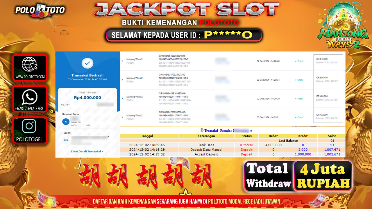 POLOTOTO JACKPOT SLOT MAHJONG WAYS 2 Rp.4,000.000,-