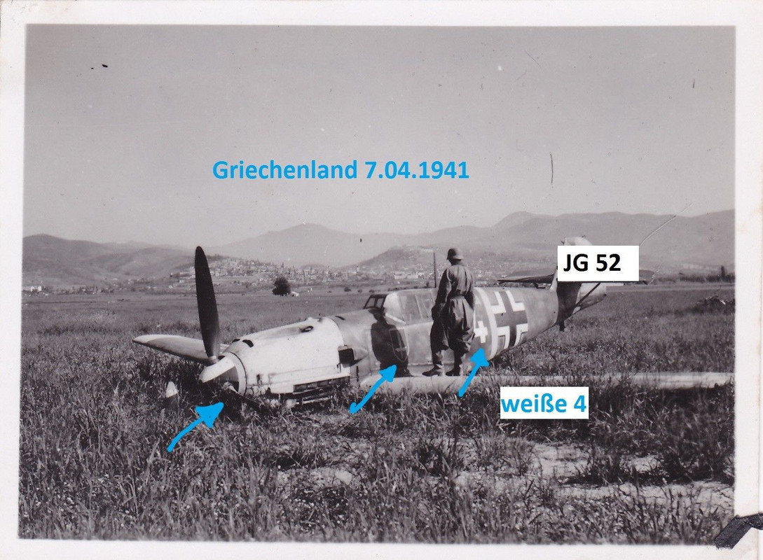 Jagdflugzeug Bf Me 109 JG 52 Wappen weiße 4  Notlandung Griechen