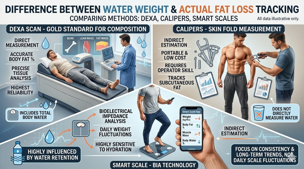 Collage of DEXA scan, calipers, and smart scale for difference between water weight and actual fat loss tracking