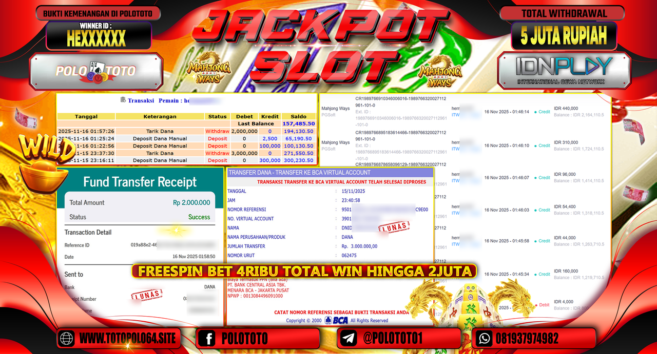 POLOTOTO JACKPOT SLOT MAHJONG WAYS Rp.5.000.000,- LUNAS